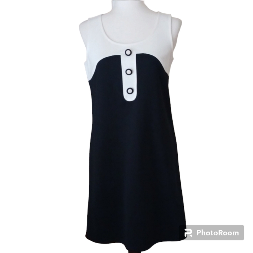 LOFT dress mini round neck sleeveless tank shift Ponte knit black cream sz 4
